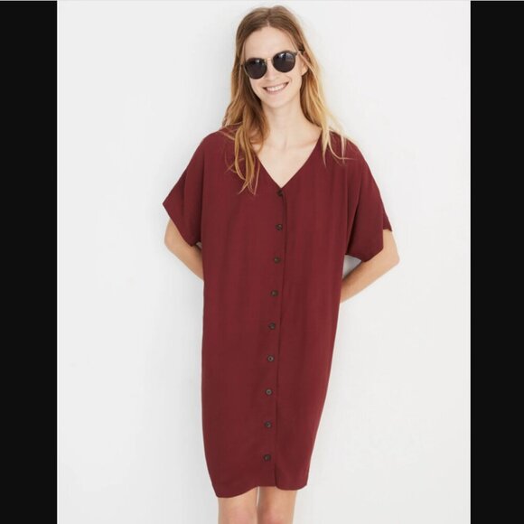 Madewell Button Front Easy Shift V-Neck Dress in Deep Burgundy (XL) - Picture 1 of 7